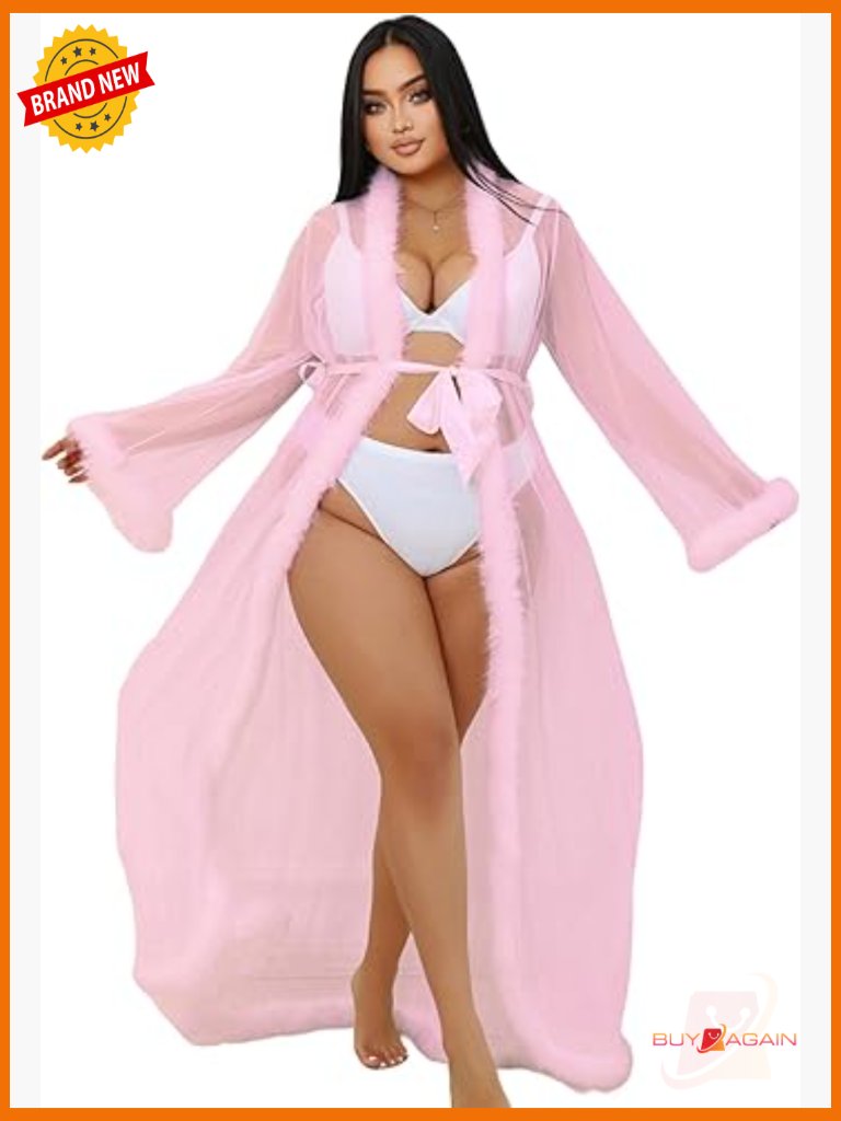 Feather Trim Bridal Robe Plus Size Mesh Kimono Open Front Floor Length